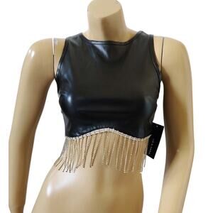 Liz & Sara Faux Leather Crop Top Womens S Black Rhinestone Fringe Clubwear NWT